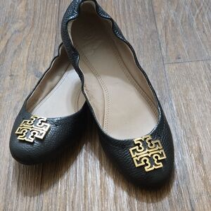 Tory Burch Black Flats with Gold Logo